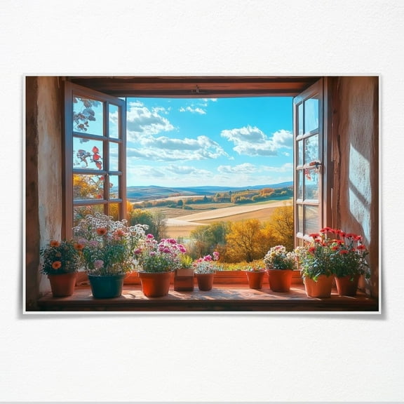 Rustic Wooden Window View Autumn Landscape Photograph Golden Fields and Blooming Flowers Wall Art Decor for Living Room Bedroom or Office Universal decoration Framed