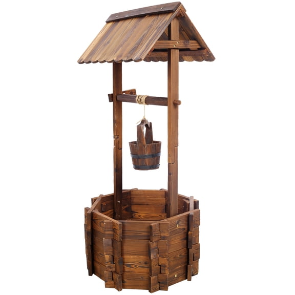 Rustic Wooden Wishing Well Planter Outdoor Home Dcor for Patio, Garden, Yard w/Hanging Bucket  20"