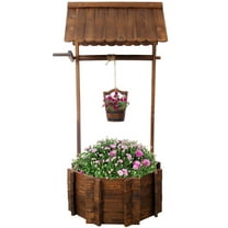Rustic Wooden Wishing Well Planter Outdoor Home Décor for Patio, Garden, Yard w/Hanging Bucket  25"