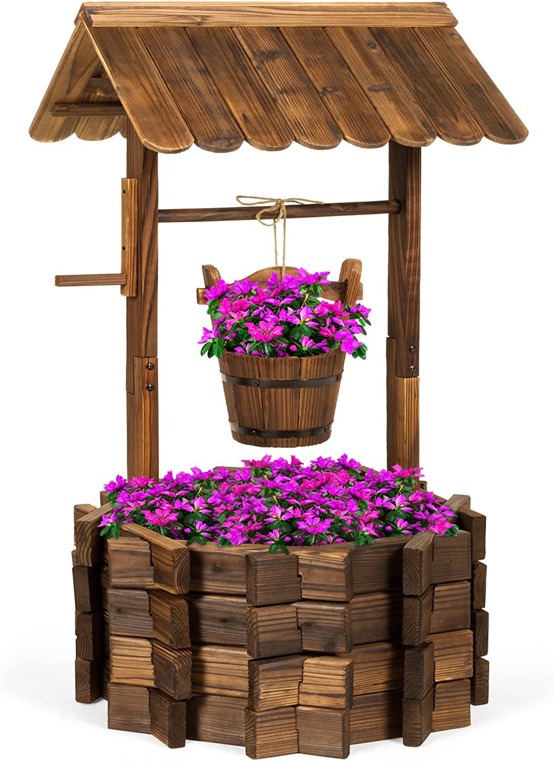 Rustic Fir Wood Wishing Well Planter with Hanging Bucket