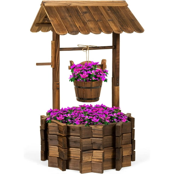 Rustic Wooden Wishing Well Planter Outdoor Home for Patio, Garden, Yard w/Hanging Bucket