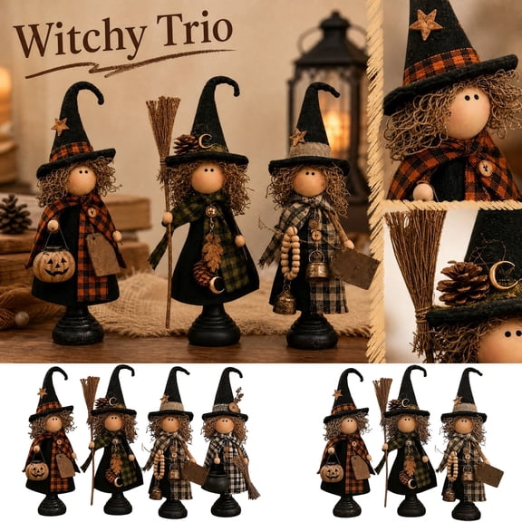Rustic Wooden Witch Figurines 5.91in for Mantel Shelf Decor, Vintage Halloween Tabletop Set (3-Piece or 4-Piece Available) with Primitive Details