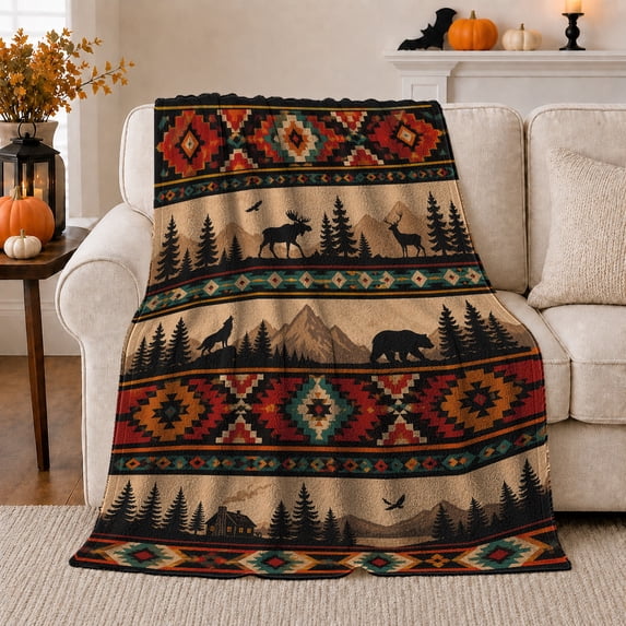Rustic Woodland Adventure Featuring Wildlife, Peaceful Mountain Lake Scene, Warm Flannel Blanket for Cabin and Lodge, Outdoor Lovers Camping Gift, Artistic Home Decor