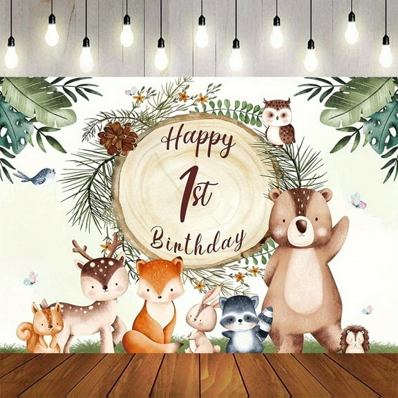 Rustic Woodland Animal One Birthday Backdrop Happy 1st Birthday Decorations for Baby Boy Forest Leaf Hunting Photography Background Jungle Animals Birthday Party Banner Props