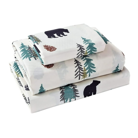 Rustic Style Woodland Bear Pine Tree Pinecone Ultra Soft Cabin Lodge Decor Bed Sheet and Pillowcase Set (Queen (U.S. Standard)