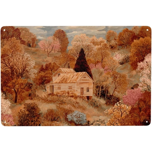 Rustic Woodland Cabin Metal Plaque, 8x12 Inch Vintage Tin Art Poster, Cottage Country Landscape Wall Hanging Decor for Porch, Kitchen, Rustic Home