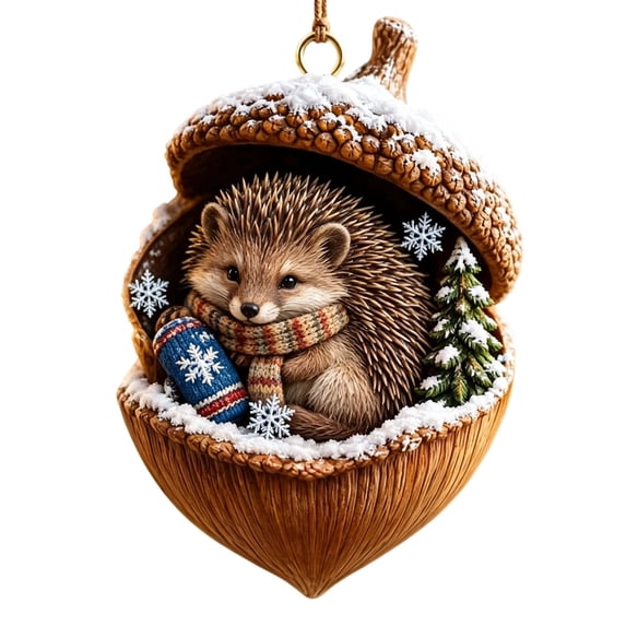Rustic Woodland Christmas Ornament, 3.15 Inch Resin Acorn Shell Animal Ornament, Hanging Decor for Tree Mantel Wreath Thanksgiving Centerpiece, Hedgehog with Winter Sock