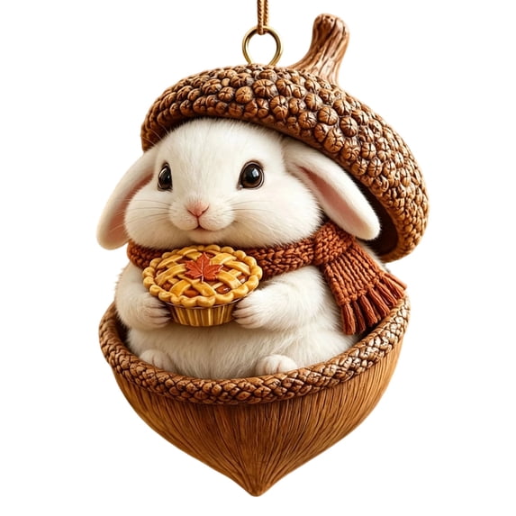 Rustic Woodland Christmas Ornament, 3.15 Inch Resin Acorn Shell Animal Ornament, Hanging Decor for Tree Mantel Wreath Thanksgiving Centerpiece, White Rabbit with Pie