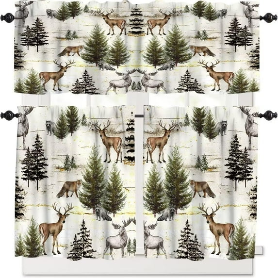 Rustic Woodland Curtain Set, Wild Animal Bear Deer Fox Wolf Country Lodge Cabin Windows Curtain Valance for Cottage Kitchen Dining Room Home Decor, 54''x18'' & 27''x24''x2, 3 Panels