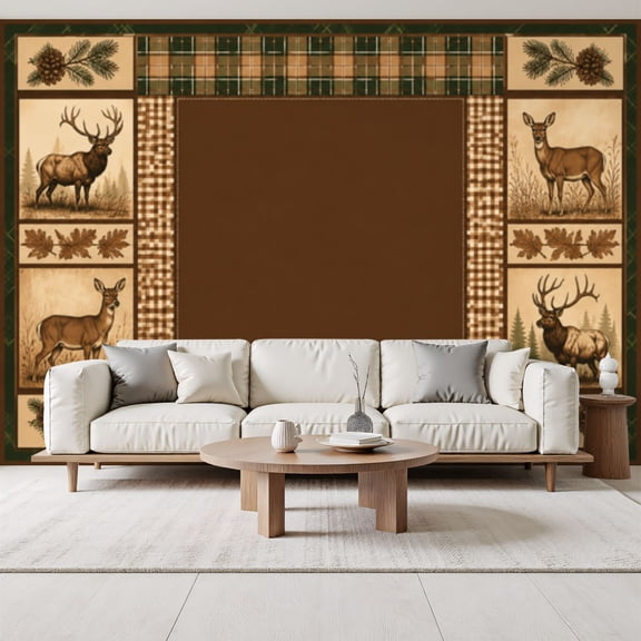 Rustic Woodland Design Moose Pinecones Plaid Patterns Peel and Stick Wall Murals 69"H x 96"W Removable PVC Wallpaper Self-Adhesive Wall Paintings for Bedroom Living Room