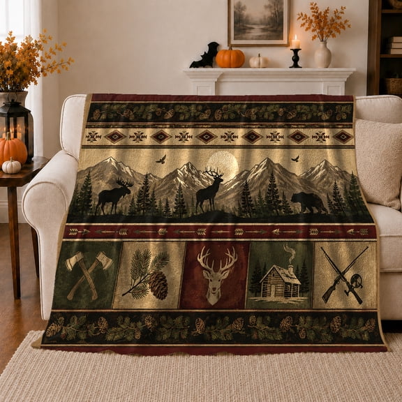 Rustic Woodland Moon Cabin Scene Moose Pine, Peaceful Mountain Lake Scene, Warm Flannel Blanket for Cabin and Lodge, Outdoor Lovers Camping Gift, Rustic Home Decor