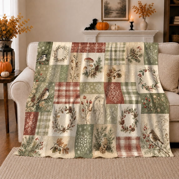 Rustic Woodland Patchwork Chickadees Pinecone Wreaths Vintage Style, Festive Holiday Scene, Warm Flannel Blanket for Living Room and Reading Nook, Art Lovers Friendship Gift, Festive Home Decor