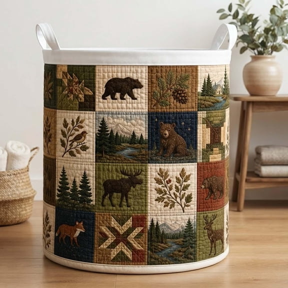 Rustic Woodland Quilted Laundry Basket: Forest Animals Storage Bin, Large Foldable Hamper