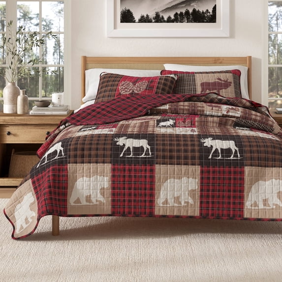 Lodge Quilt Set - Lightweight, Soft, All-Season - 2-Piece Reversible Rustic Bedding Set (Twin / Twin XL, Hemlock Red / Brown)