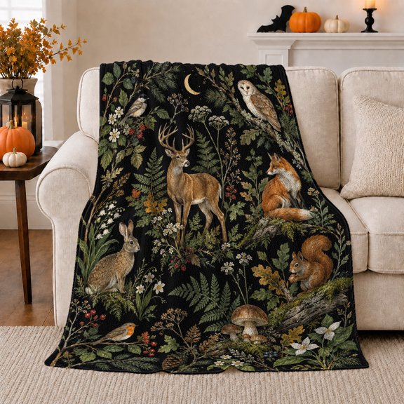Rustic Woodland Stag Fox Night Scene Tranquil Forest, Rustic Farmhouse Horse Scene, Warm Flannel Blanket for Ranch House and Living Room, Horse Lovers Housewarming Gift, Rustic Home Decor