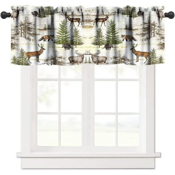 Rustic Woodland Valance Curtain, Wild Animal Bear Deer Fox Wolf Country Lodge Cabin Windows Curtain Valance for Cottage Kitchen Dining Room Home Decor, One Panel 54x18in