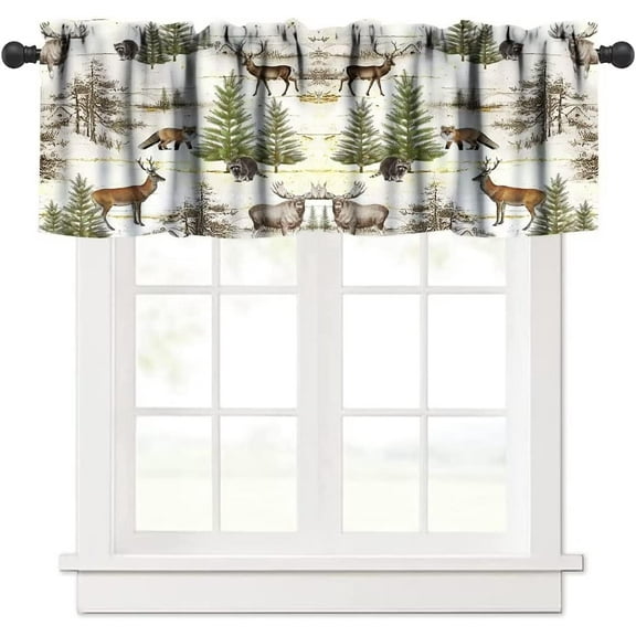 Rustic Woodland Valance Curtain, Wild Animal Bear Deer Fox Wolf Country Lodge Cabin Windows Curtain Valance for Cottage Kitchen Dining Room Home Decor, One Panel 54x18in