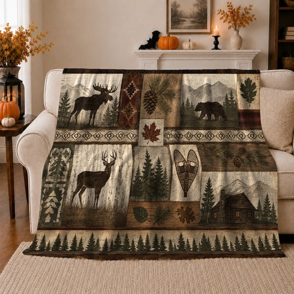 Rustic Woodland Wildlife Patchwork Cabin Snowshoes, Peaceful Mountain Lake Scene, Warm Flannel Blanket for Cabin and Lodge, Outdoor Lovers Thanksgiving Gift, Artistic Home Decor