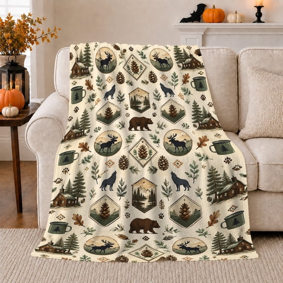 Rustic Woods Moose Bears Cabins Vintage, Cozy Friendship Quote Scene, Warm Flannel Blanket for Cabin and Lodge, Animal Lovers Friendship Gift, Artistic Home Decor
