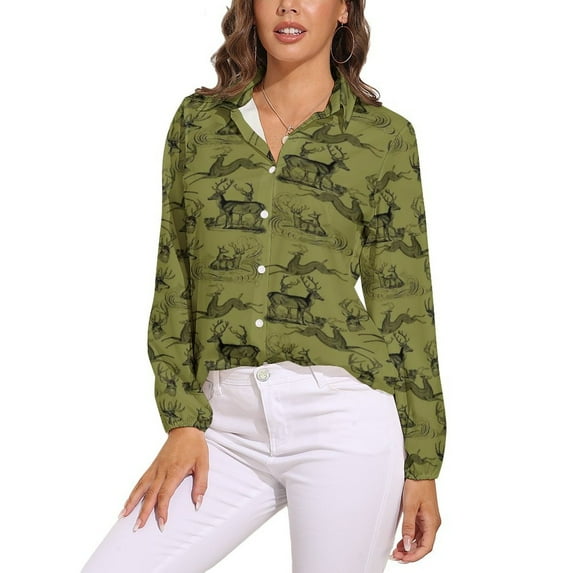 Rustic Woodsy Vintage Deer Outdoors Nature Theme Pattern Long Sleeve Blouse Woman Streetwear Casual Shirts Summer Oversize Woman Streetwear Clothing Birthday Present