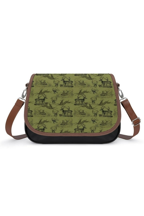 Rustic Woodsy Vintage Deer Outdoors Nature Theme Pattern Vintage Crossbody Bag for Women Medium Leather Hobo Bags Shoulder Bag Classic City Leather Satchels