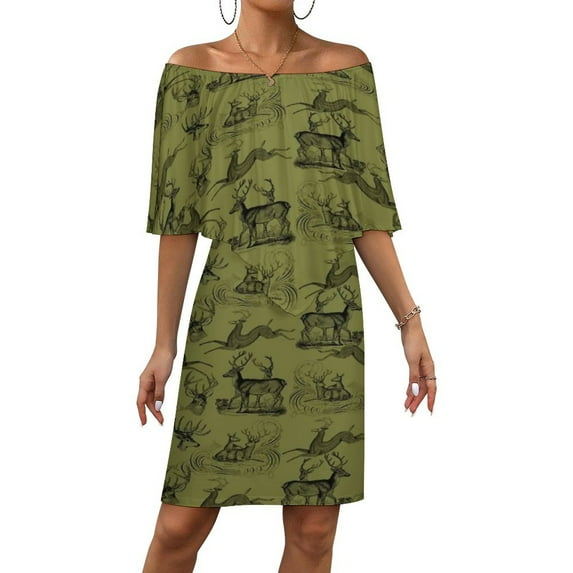 Rustic Woodsy Vintage Deer Outdoors Nature Theme Pattern Women's Off The Shoulder Ruffles Summer Wedding Guest Loose Casual Party Beach Dress
