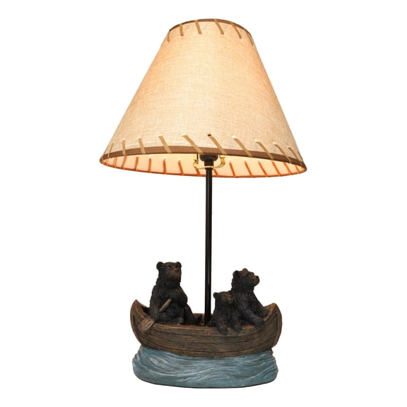 Rustic Woody Forest River Run Black Bears With Cub Rowing Canoe Boat Table Lamp