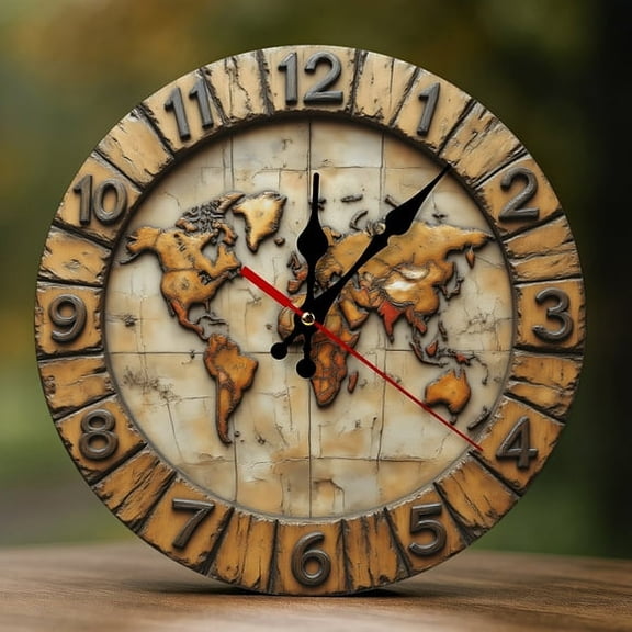 Rustic World Map Print MDF Wood 10in Round Wall Clock, Silent Non-Ticking Battery Operated, Ideal for Bedroom, Living Room, Kitchen, Office, Classroom Decor