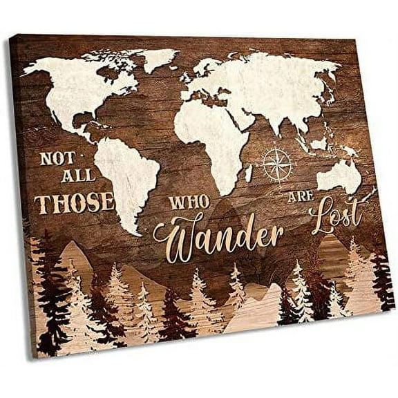 Rustic World Map Wall Art for Living Room Brown Canvas Prints for Farmhouse Home Decor Modern Country Style Wall Decor for Kitchen Wall Art for Men Framed Picture for Wall Decoration 12"x16"