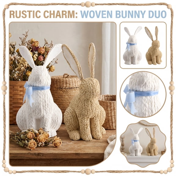 Rustic Woven Bunny Figurine Adorable Handcrafted Rope Doll, Easter Decoration Bunny Figurine - Cute Rabbit Ornament, Spring Home Decor, Adorable Resin Statue for Easter Basket & Tabletop