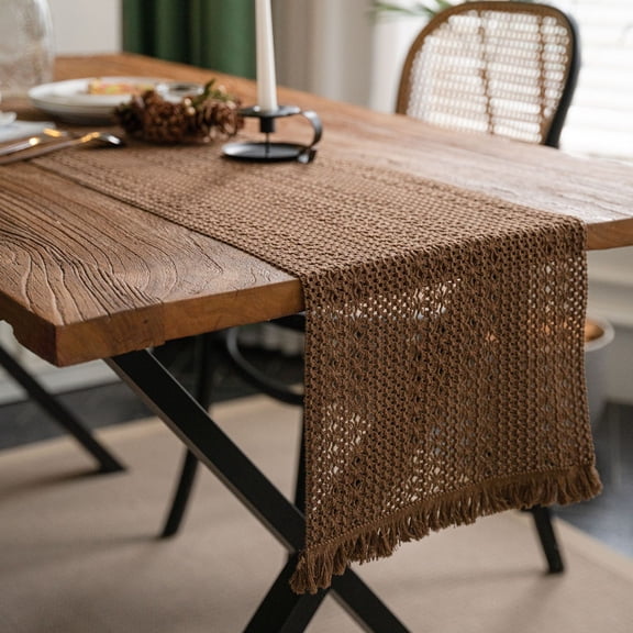 Rustic Woven Cotton Brown Table Runner Farmhouse Dresser Scarf French Country Table Accessory
