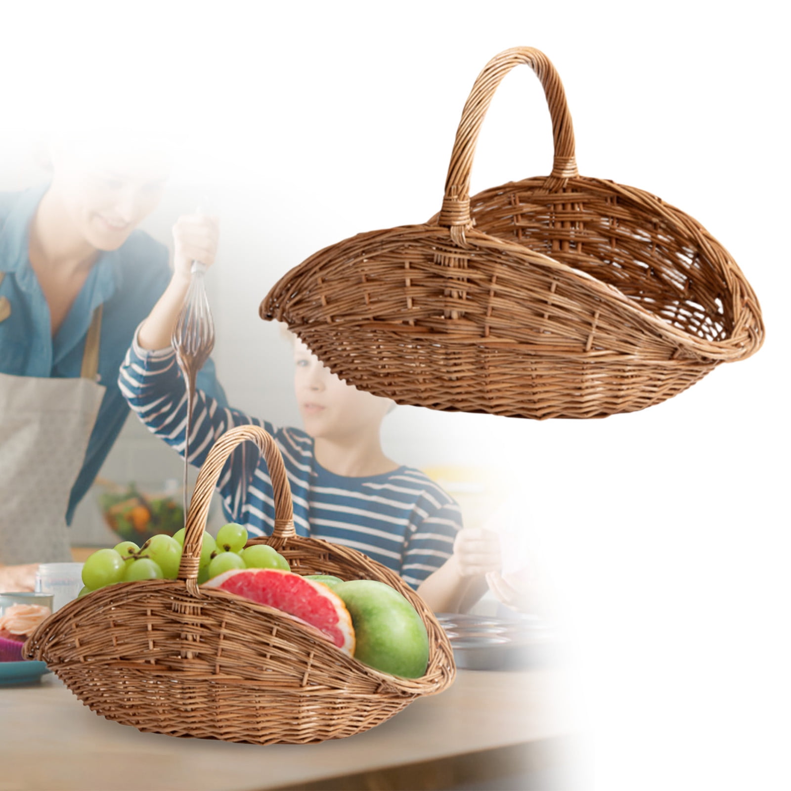 Rustic Woven Gathering Basket, Handmade Rattan Basket with Rope Handle for Picnics, Vegetable Harvest, Easter, and Farmhouse Home Decor Storage 14.6Inches