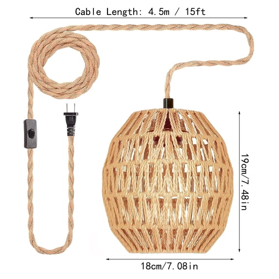 Rustic Woven Rattan Hanging Lamp Plug-In Pendant Light 15 Foot Adjustable Cord Decorative Farmhouse Ceiling Light for Living Room Bedroom Reading Nook