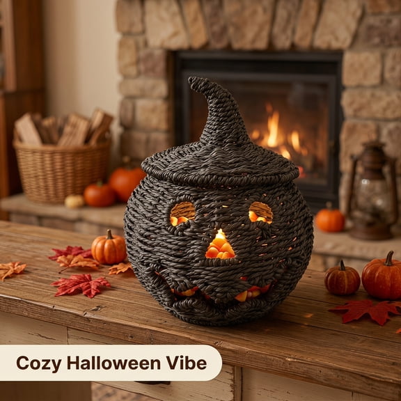 Rustic Woven Rattan Pumpkin Jack O Lantern Lamp, Black Wicker Halloween Table Decor with Witch Hat Top, Farmhouse Fall Harvest Mantel Centerpiece for Home