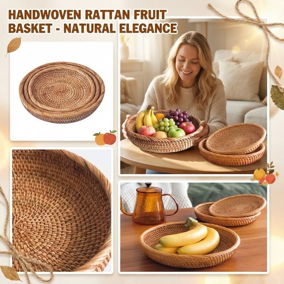 Rustic Woven Rattan Tray Round Decorative Tabletop Serving Platter for Fruit,Bread and Snacks,Versatile Coffee Table Centerpiece and Home Decor-8.6in