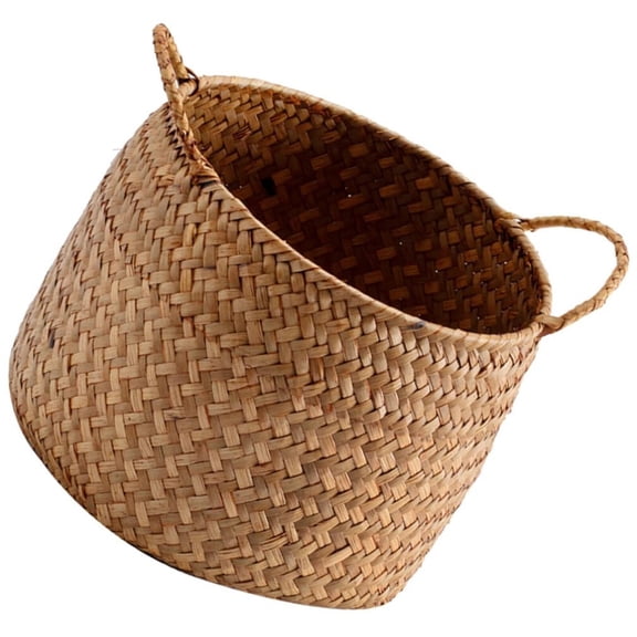 Rustic Woven Seagrass Storage Basket, Desktop Flower Arrangement Organizer, Grocery Shelves Decor (Orange)