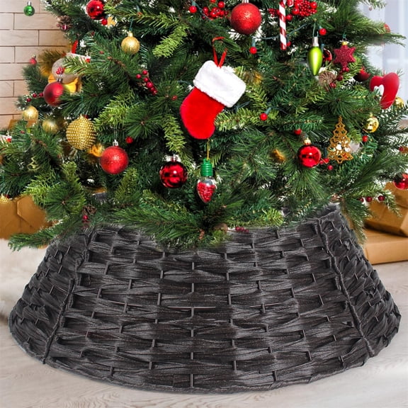 Rustic Woven Wicker Christmas Tree Collar, Natural Rattan Tree Base Ring Skirt for Artificial Holiday Decoration, Stable & Decorative Stand Cover