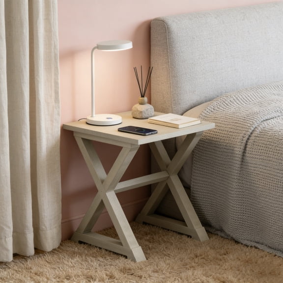 Rustic X-Frame Side Table with Solid Wood Frame, Modern Accent Table for Living Room, Bedroom, Office, Easy Assembly, Light Gray Finish