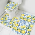 thumbnail image 1 of Rustic Yellow Bathroom Rugs Set Lemon Leaves Blue Geometric Background Non Slip Absorbent Soft Bath Mats 3 Piece Set with Bathroom Rug, U-Shaped Floor Mat, Toilet Seat Cover Small Size, 1 of 9