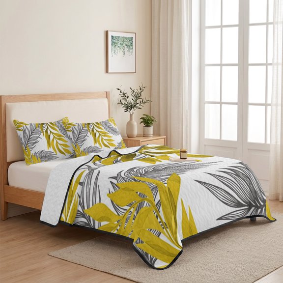 Rustic Yellow Black Leaf 3 Pieces Quilt Set,1 Quilt with 2 Shams,Watercolor Country Leaves Bedspread Soft Lightweight Bedding Coverlet Comforter Set for All Season 68"x98"