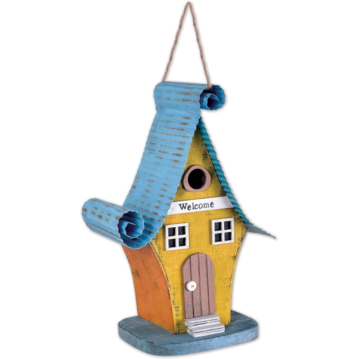 Rustic Blue and Yellow Distressed Wood Cottage Birdhouse