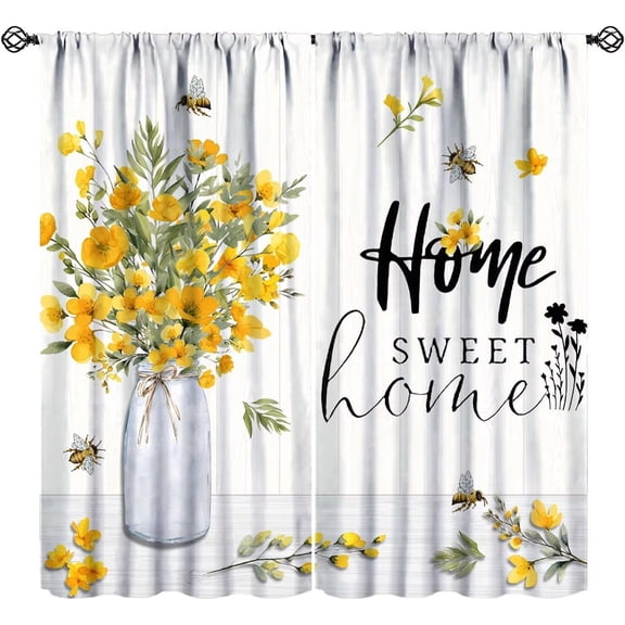 Rustic Yellow Floral Curtains for Kitchen, Farmhouse Country Home Sweet Home Watecolor Wildflowers Leaves Bees Summer Window Drapes for Bedroom Livingroom, 55" W X 39" L