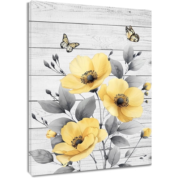 Rustic Yellow Floral Wall Art for Bathroom Grey and Yellow Flower Butterfly on Rustic Wood Canvas Wall Art Country Wildflower Wall Art Paintings for Living Room Bedroom Decor,16L X 12W inches