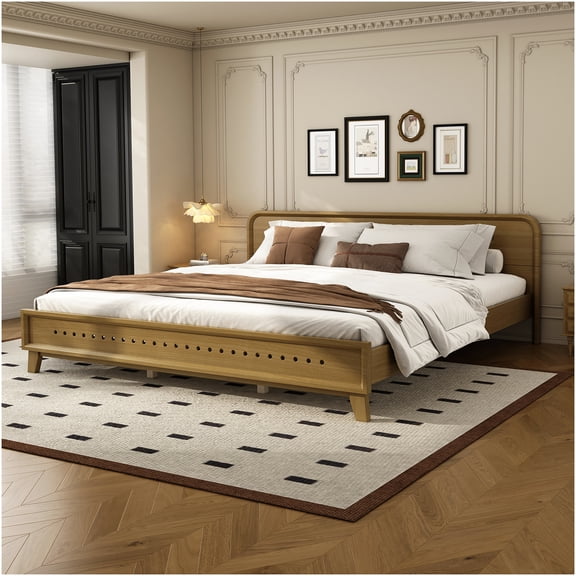 Rustic Yellow King Size Bed Frame with Headboard, Solid Pine Wood Platform Bed, Heavy Duty Support, No Box Spring Needed