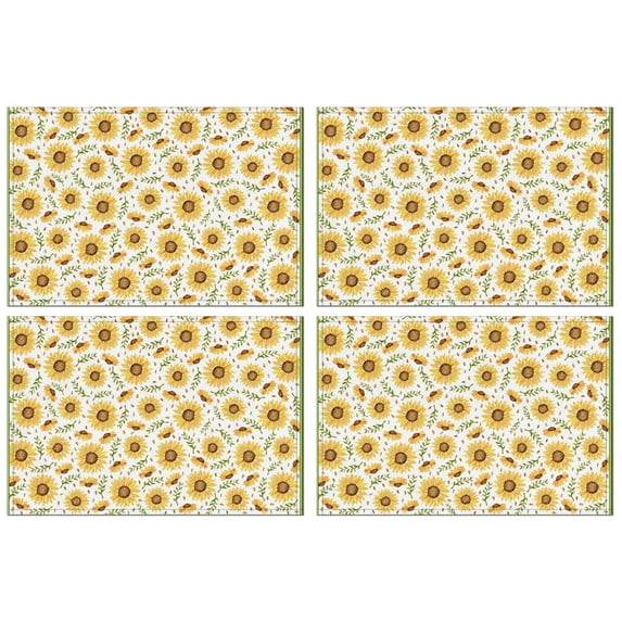 Rustic Yellow Sunflower Boho Placemats Set of 4, 12x18 Inch Vintage Floral Table Mats with Bees and Butterflies, Washable Farmhouse Linen Dining Decor, Country Bloom for Autumn Summer