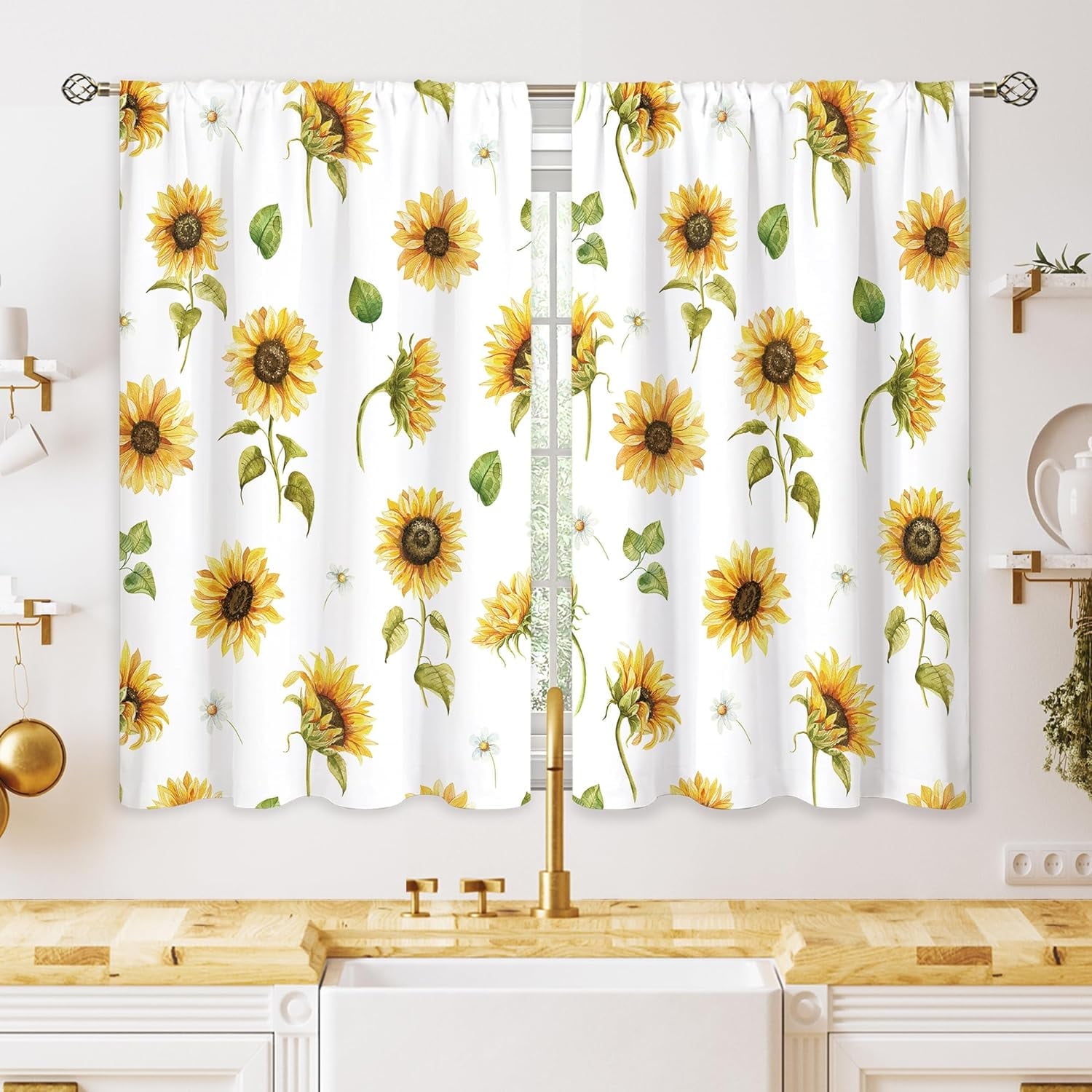 Rustic Yellow Sunflower Kitchen Curtains Farmhouse Flower Small Window ...