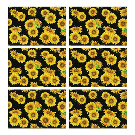Rustic Yellow Sunflower Placemats Set of 6, 12x18 Inch Boho Floral Table Mats with Bees and Butterflies, Washable Vintage Farmhouse Linen Dining Decor, Country Bloom for Summer Autumn