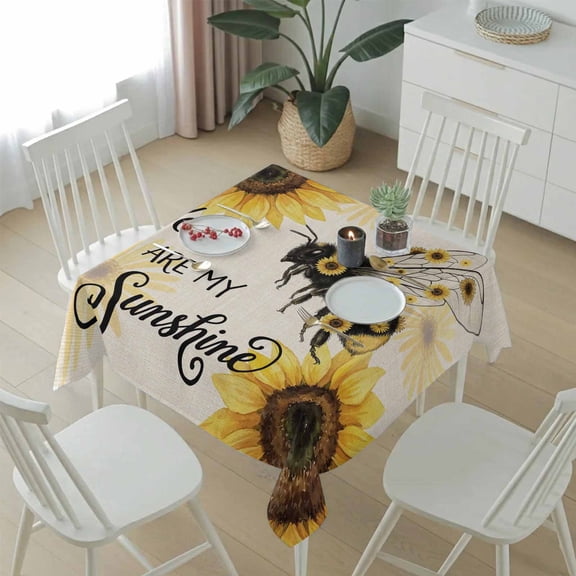 Rustic Yellow Sunflower Retro Linen Table Cloth 54x54in, Waterproof Square Tablecloth Wipeable Tablecloths Summer Farmhouse Bee Table Covers for Dining Tables Party Indoor Outdoor