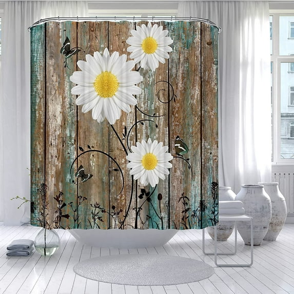 Rustic Yellow White Daisy Floral Shower Curtain, Vintage Butterfly Teal Brown Barn Door Countryside Western Bathroom Curtain Sets, Waterproof Fabric Farmhouse Decor 72 X 72 Inch\u2026