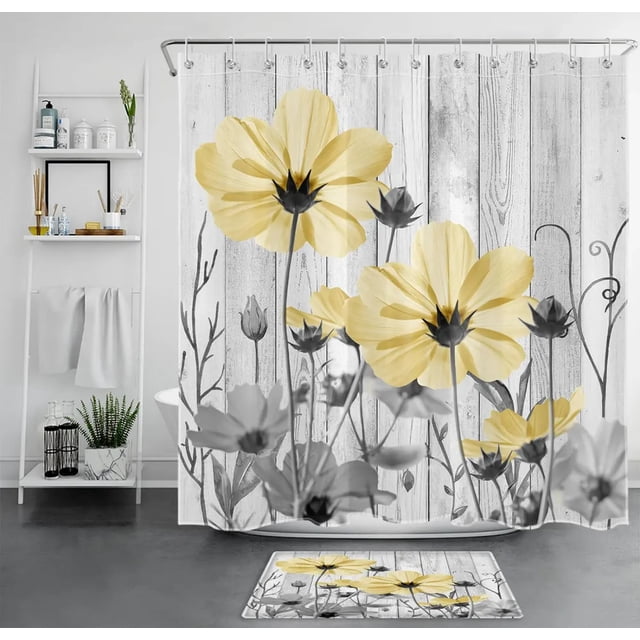 Rustic Yellow Wildflower Bathroom Shower Curtain Set - Waterproof ...